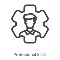 Obraz premium Outline style ui icons hard skill collection. Human resources and business. Vector black linear icon illustration. Man employee in gear wheel professional skills symbol isolated on white background.