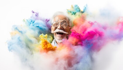 Happy old Asian man smiling in a cloud of colorful smoke, color explosion, holi, age-positivity, against ageism, having fun, over 50, colors, party, peace, inclusive, freedom. Generative AI.