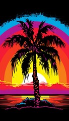 a palm tree with a colorful sunset behind it