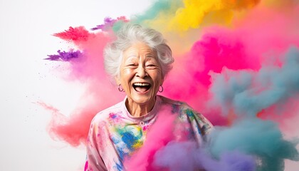 Happy old Asian woman smiling in a cloud of colorful smoke, color explosion, holi,  age-positivity, against ageism, having fun, over 50, colors, party, peace, inclusive, freedom. Generative AI.