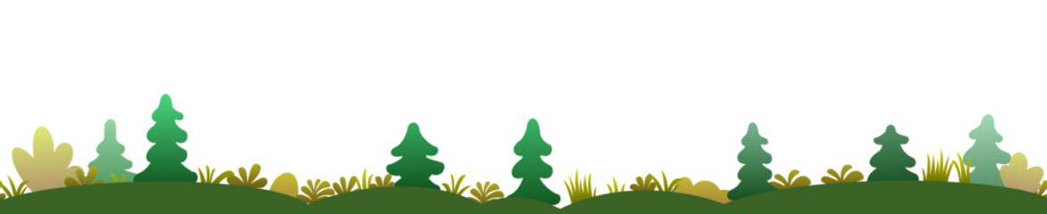 Hill terrain with thickets of trees and shrubs. Landscape autumn nature yellow foliage. End of season. Cartoon fun style. Flat design. Isolated on white background. Seamless illustration. Vector