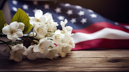Fototapeta na wymiar USA Independence day celebration white flower wooden table cinematic
