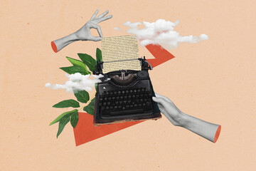 Collage creative picture of hands holding mechanical retro keyboard journalist typewriter antique document isolated on beige background - obrazy, fototapety, plakaty