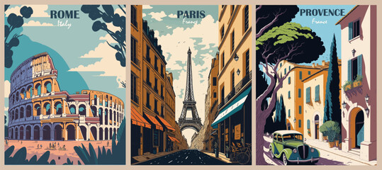 Set of Travel Destination Posters in retro style. Rome, Italy, Paris, France, Provence prints. Europe summer vacation, holidays concept. Vintage vector colorful illustrations. - obrazy, fototapety, plakaty
