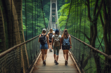 AI generated image of tourist girls walk on bridge