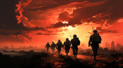 The silhouette of the soldiers on sunset background.