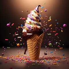cone ice cream with chocolate dip and sprinkles. ultra-detailed images with sharp lines and textures capturing every detail with precision with a colorful background and particles in the air