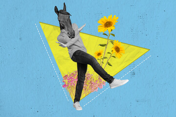 Collage picture of excited black white colors guy horse head dancing sunflower flowers isolated on...