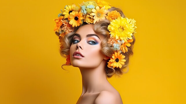 Beautiful model with flowers at hair on yellow backgroundd. Perfect woman face makeup close up. Lipstick. Perfect skin.