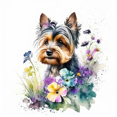 Yorkshire terrier and wild flowers watercolor on white background.