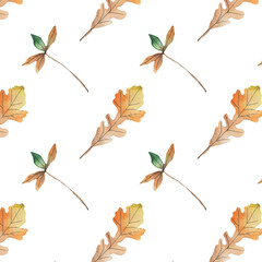 Watercolor hand drawn seamless pattern with red orange yellow fall autumn leaves, maple oak vine leaf. October september thanksgiving background with leaves.