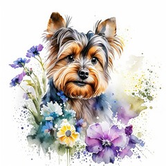 Yorkshire terrier and wild flowers watercolor on white background.