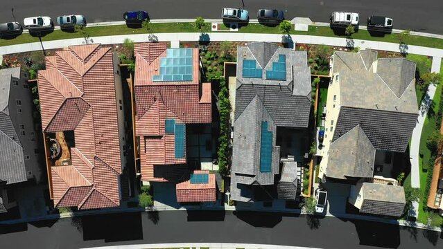 Top down aerial of solar powered neighborhood houses in USA - CGI visualizaton