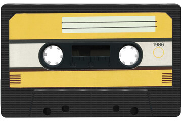 Black audio cassette, compact cassette, cassette tape with a yellow label. High resolution isolated...