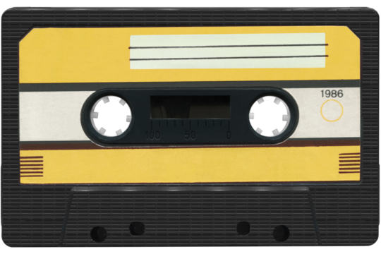 Black audio cassette, compact cassette, cassette tape with a yellow label. High resolution isolated on a transparent background