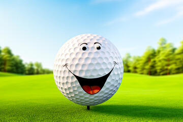 Smiling white golf ball on a tee on green grass with course background. Happy smile emoticon face in cartoon style. Golf and pitch and putt.
