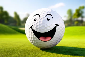 Poster Smiling white golf ball on green grass with course background. Happy smile emoticon face in cartoon style. Golf and pitch and putt. © Clàudia Ayuso