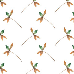 Watercolor hand drawn seamless pattern with red orange yellow fall autumn leaves, maple oak vine leaf. October september thanksgiving background with leaves.