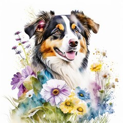 Fototapeta premium Australian shepherd dog and flowers watercolor clipart on white background.