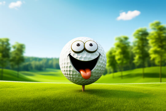 Smiling white golf ball on a tee on green grass with course background. Happy smile emoticon face in cartoon style. Golf and pitch and putt.