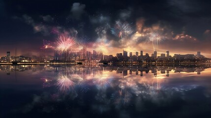 Fototapeta na wymiar Fireworks over a city. Generative AI