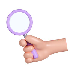 3d hand hold magnifying glass. Search icon. icon isolated on pink background. 3d rendering illustration. Clipping path.