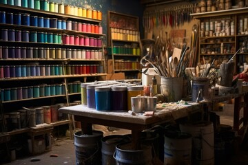 Paint cans, brushes, and other accessories in a paint shop, creating an inviting and organized shopping environment. Generative Ai