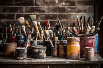 Collection of clean and well-organized paint brushes, rollers, and other painting tools neatly arranged on a workbench, emphasizing the professional setup of a paint shop. Generative Ai