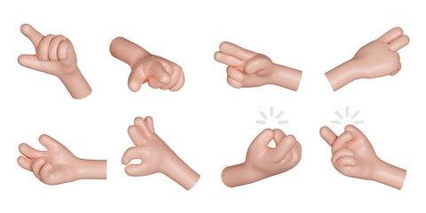 3d Cartoon character hand gesture set. icon isolated on gray background. 3d rendering illustration. Clipping path.