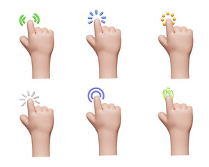 3d Computer cursor with hand and click. Diverse man arms with fingers press button, pointing or touch fingerprint scan. icon isolated on gray background. 3d rendering illustration. Clipping path.