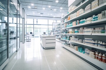 An image showcasing the clean and organized interior of a modern pharmacy, with neatly arranged shelves displaying various pharmaceutical products. Generative Ai