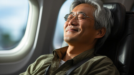 Elderly man in airplane. Generative Ai