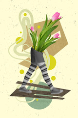Vertical magazine collage image of headless absurd tulips gift bouquet international women day...