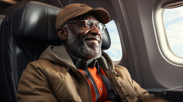 Elderly Man In Airplane. Generative Ai