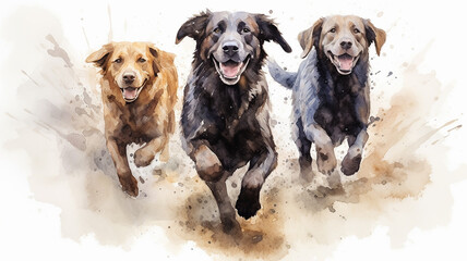 a group of cheerful dogs running on a white watercolor background. Generative AI