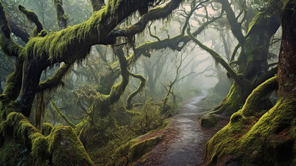 landscape fog in the old forest huge trees covered with moss mystical view. Generative AI