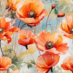 Delicate seamless pattern with poppies. Watercolor illustration. Natural and vibrant repeated print for textile, wallpaper. AI