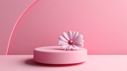 Fototapeta na wymiar Pink podium with a white flower on a pink background. generative ai