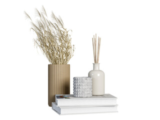 Dried flower in vase and book on white