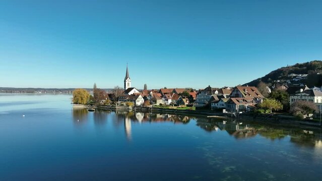 Aerial view of the municipality of Berlingen in the canton of Thurgau, Lake Constance, Switzerland, Europe