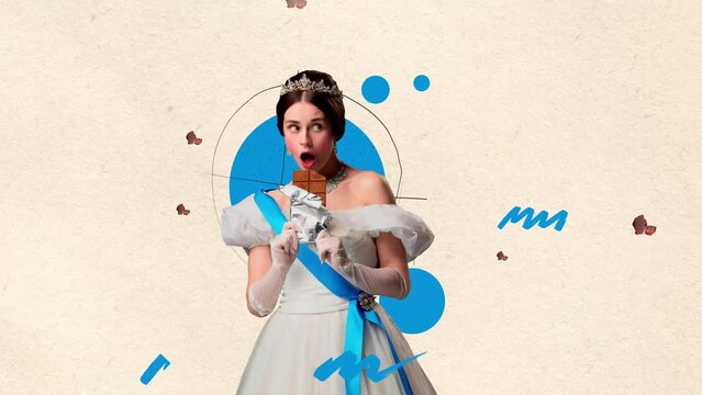 Stop motion, animation. Young charming girl in image of medieval princess in pretty dress eating bar of chocolate. Concept of comparison of eras, creativity, food, retro style. Vertical layout