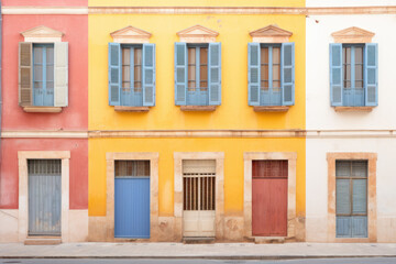 Old colorful facade of townhouses with blue shutters
