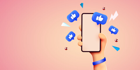 Cute cartoon hand holding mobile smartphone with Likes notification icons. Social media and marketing concept.