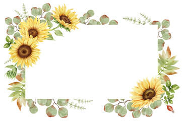Watercolor hand painted sunflower frame. Yellow flowers, eucalyptus, rosehip, leaves and plants. Autumn arrangement. Fall clipart. Botanical illustration.