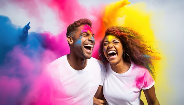 Happy couple smiling in a cloud of colorful smoke on a white background, having fun, colors, LGBTQ+,  color explosion, holi, fluid, multi-ethnic, peace, inclusive, beauty, freedom. Generative AI.