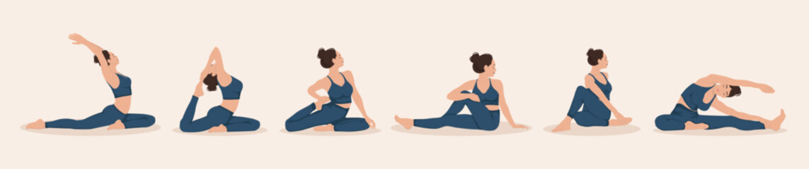A set of a young woman performing physical exercises and demonstrating yoga asanas on light background. Flat vector illustration.