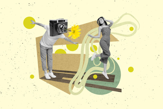 Artwork collage image of black white gamma guy photo camera instead head daisy flower objective positive girl isolated on drawing background