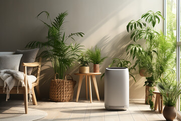 White modern design air purifier, beige-brown walls bedroom dehumidifier, gray cover sheet bed, tropical palm trees in sunlight, wood parquet floor for health care Generative AI