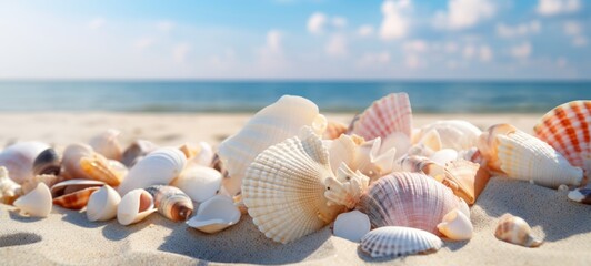 Fototapeta na wymiar Vacation summer holiday travel tropical ocean sea panorama - Close up of many seashells, sea shell on the sandy beach, with ocean in the background (Generative Ai)