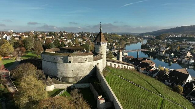 Aerial view of the Munot fortress in the old town of Schaffhausen, right of the Rhine, Canton Schaffhausen, Switzerland, Europe